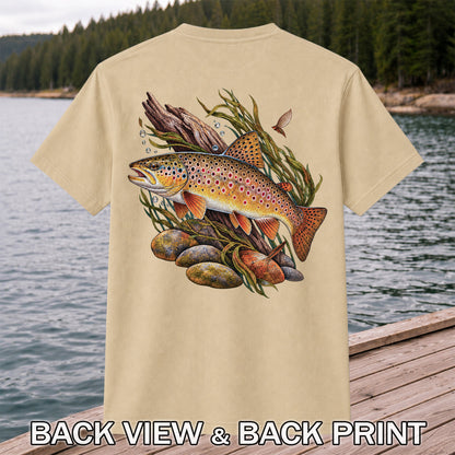 Vintage Brown Trout River Fishing Graphic T-Shirt | Back Print