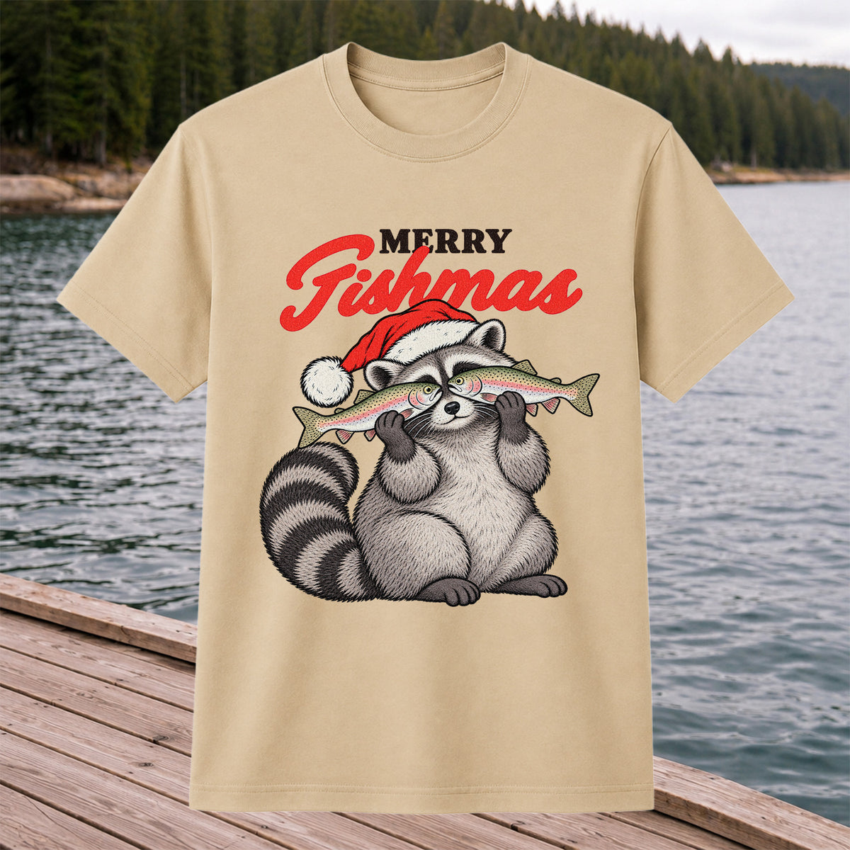 Santa Raccoon Holding Fish Christmas Fishing Graphic T-Shirt