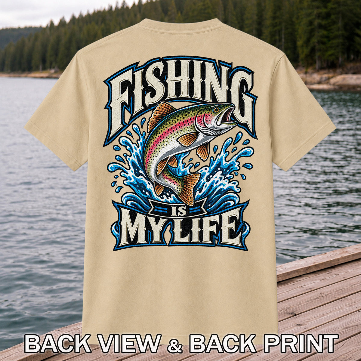 Fishing Is My Life Jumping Rainbow Trout Graphic T-Shirt | Back Print
