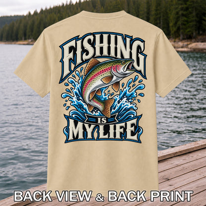 Fishing Is My Life Jumping Rainbow Trout Graphic T-Shirt | Back Print