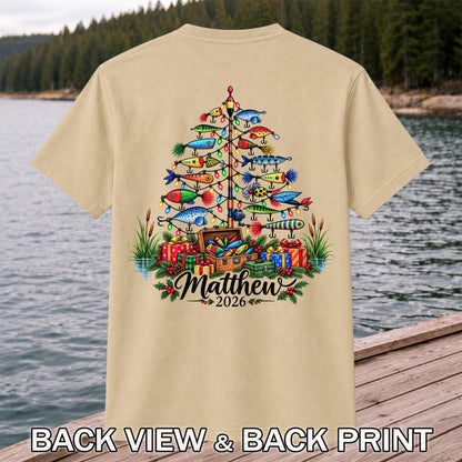 Personalized Christmas Fishing Lure Tree Name Graphic T-Shirt | Back Print
