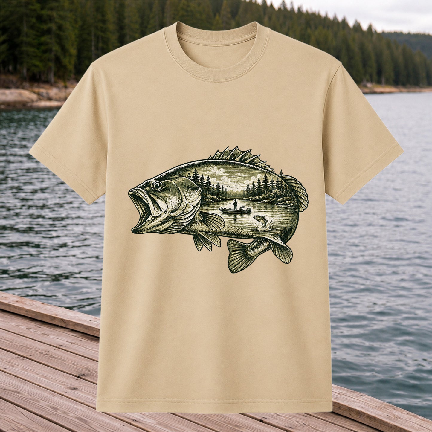 Vintage Bass Lake Fishing Scene Graphic T-Shirt