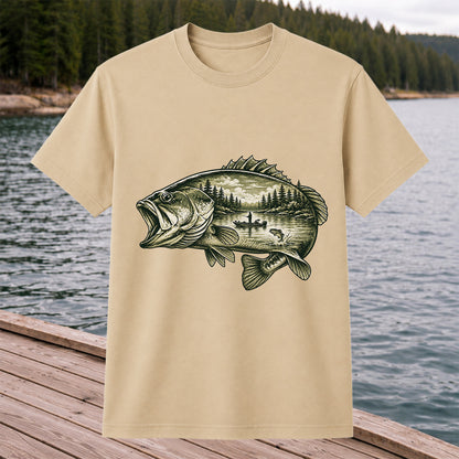 Vintage Bass Lake Fishing Scene Graphic T-Shirt