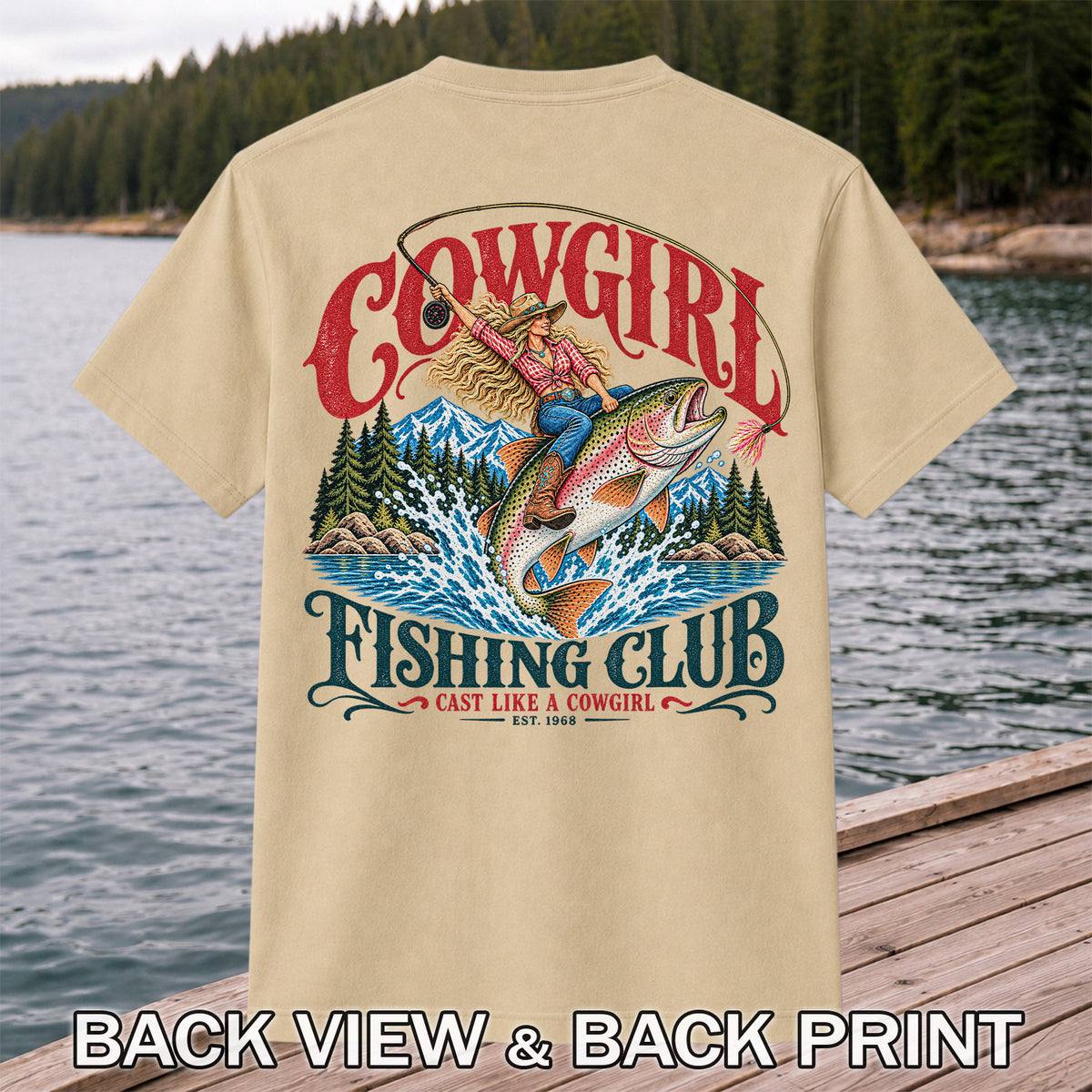 Cowgirl Riding Trout Fishing Club Graphic T-Shirt | Back Print