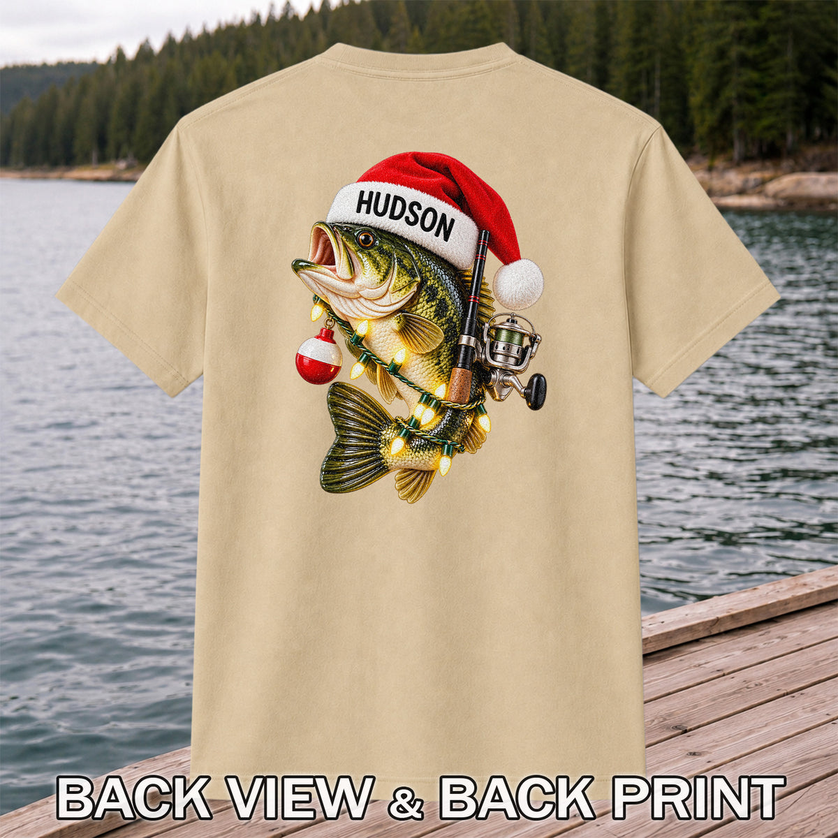 Hudson Santa Hat Bass Christmas Fishing Graphic T-Shirt | Back Print
