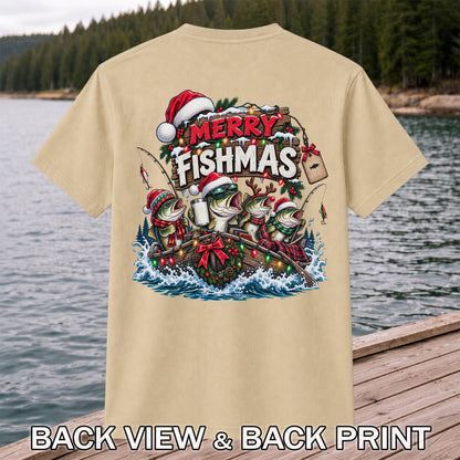 Merry Fishmas Christmas Bass in a Fishing Boat Graphic T-Shirt | Back Print
