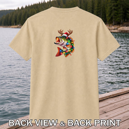 Christmas Bass with Santa Hat, Antlers and Holiday Lights Fishing T-Shirt | Back Print