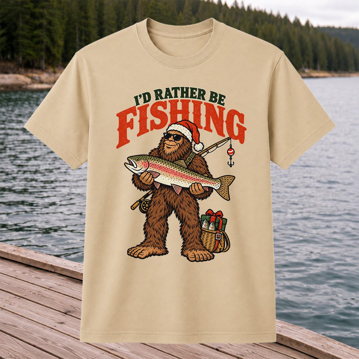 I'd Rather Be Fishing Bigfoot Holding Rainbow Trout Christmas T-Shirt