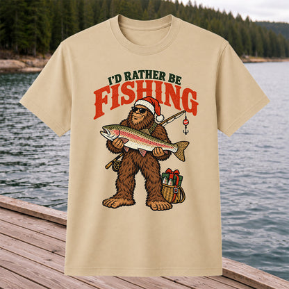 I'd Rather Be Fishing Bigfoot Holding Rainbow Trout Christmas T-Shirt