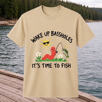 Wake Up Bassholes Funny Worm and Bass Fishing Graphic T-Shirt