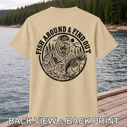 Fish Around & Find Out Bigfoot Trout Fishing Graphic T-Shirt | Back Print