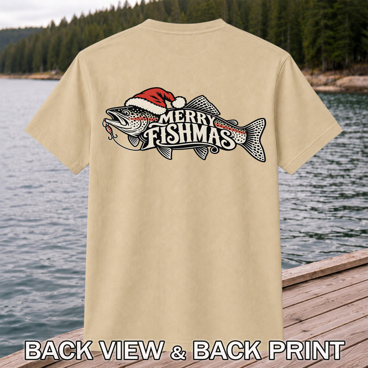Merry Fishmas Rainbow Trout with Red Santa Hat and Lure Fishing T-Shirt | Back Print