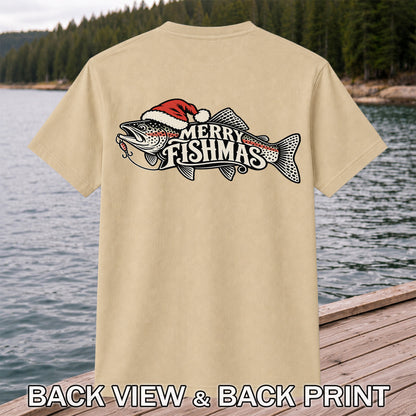 Merry Fishmas Rainbow Trout with Red Santa Hat and Lure Fishing T-Shirt | Back Print