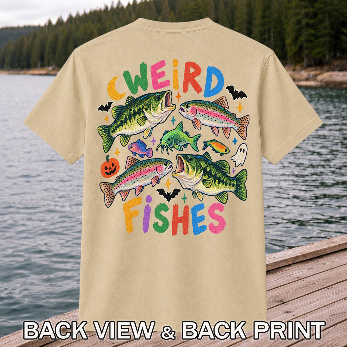 Weird Fishes Halloween Bass and Rainbow Trout Fishing T-Shirt | Back Print