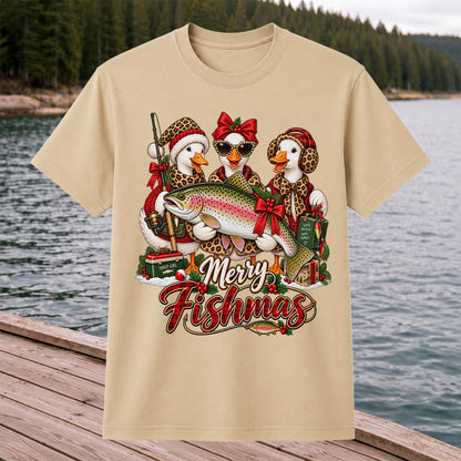 Merry Fishmas Christmas Ducks with Rainbow Trout Fishing T-Shirt