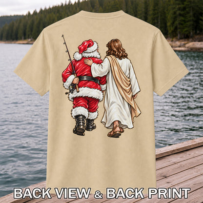 Santa and Robed Companion Fishing Graphic T-Shirt | Back Print