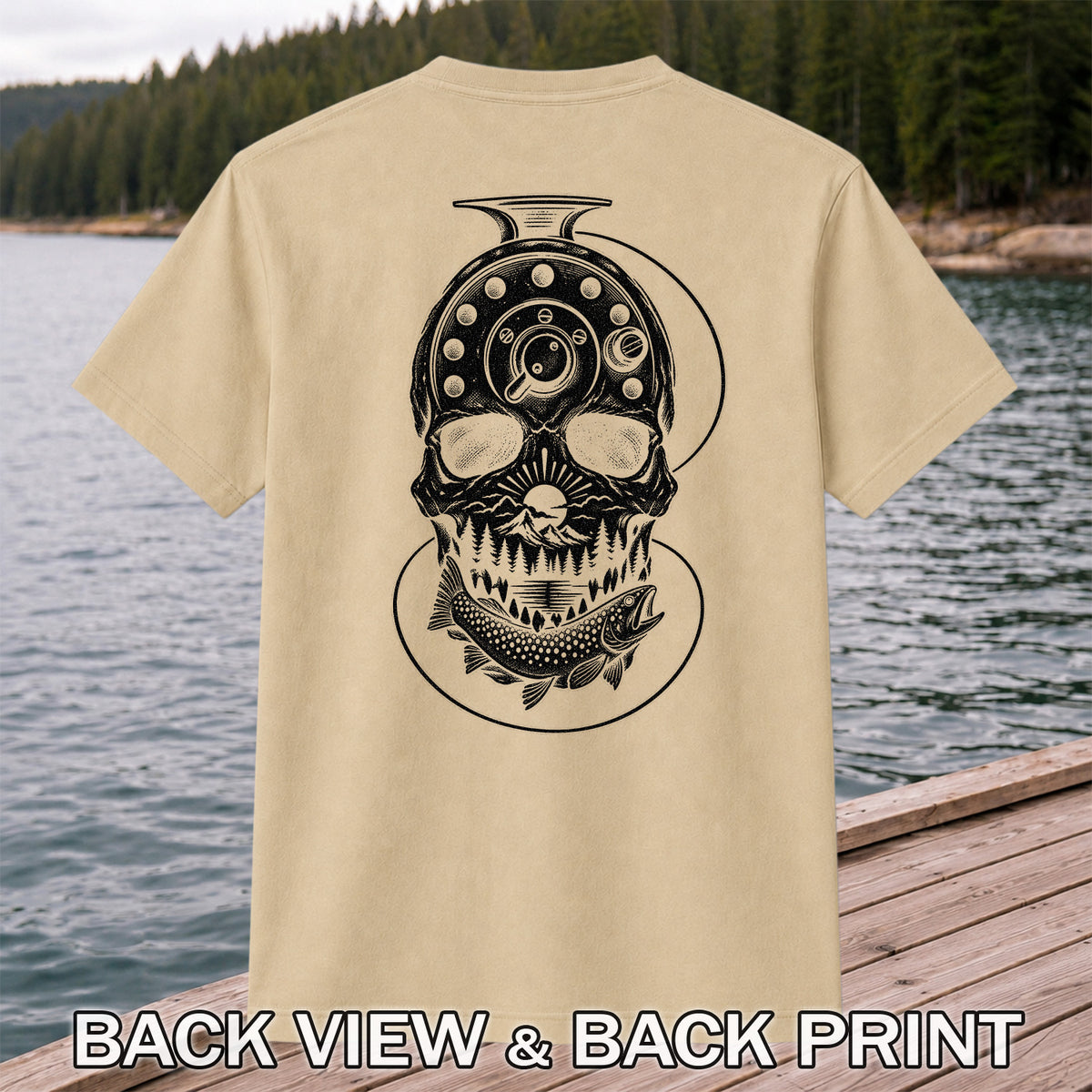 Trout and Fly Fishing Reel Skull Mountain Graphic T-Shirt | Back Print