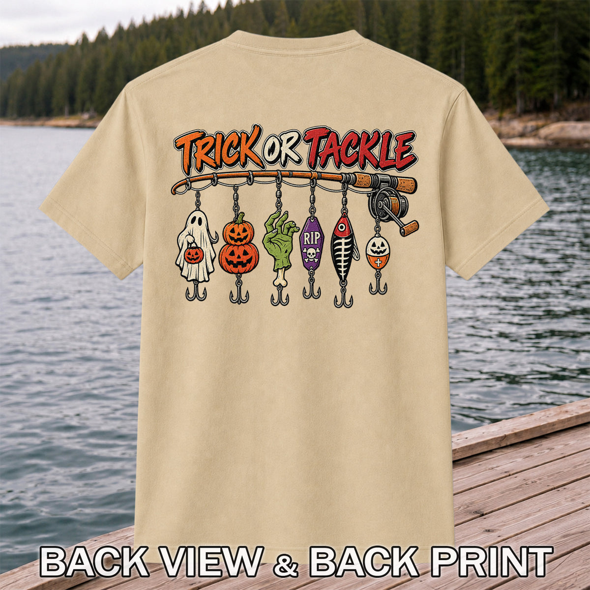 Trick or Tackle Halloween Ghost and Pumpkin Fishing Lures T-Shirt | Back Print