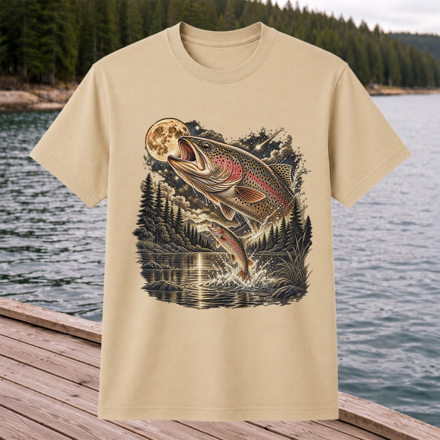 Moonlit Rainbow Trout Jumping from Mountain Lake Graphic T-Shirt