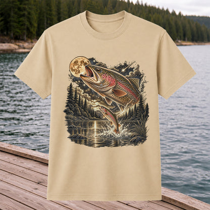 Moonlit Rainbow Trout Jumping from Mountain Lake Graphic T-Shirt