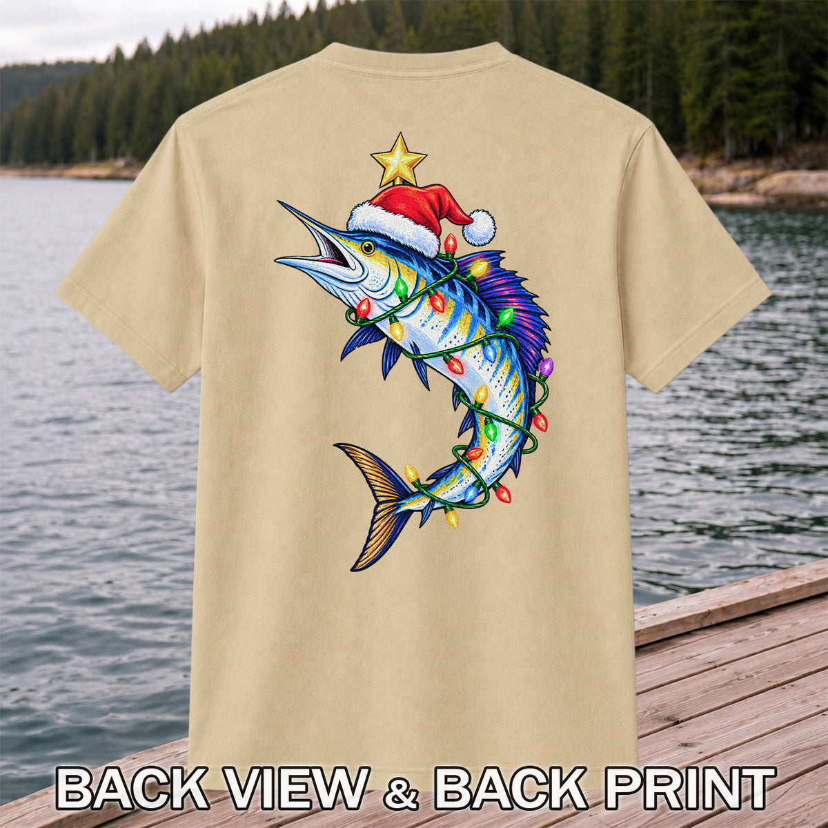 Christmas Marlin Wrapped in Lights Fishing T-Shirt | Back Print