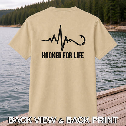 Hooked for Life Fishing Hook Heartbeat Graphic T-Shirt | Back Print