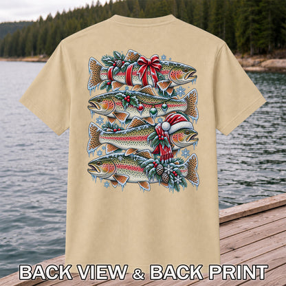 Festive Rainbow Trout Christmas Fishing Graphic T-Shirt | Back Print