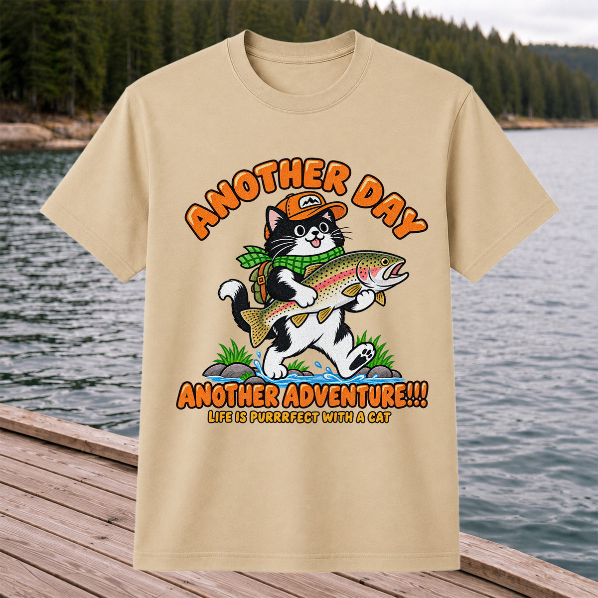 Another Day Another Adventure Cat and Trout Fishing Graphic T-Shirt