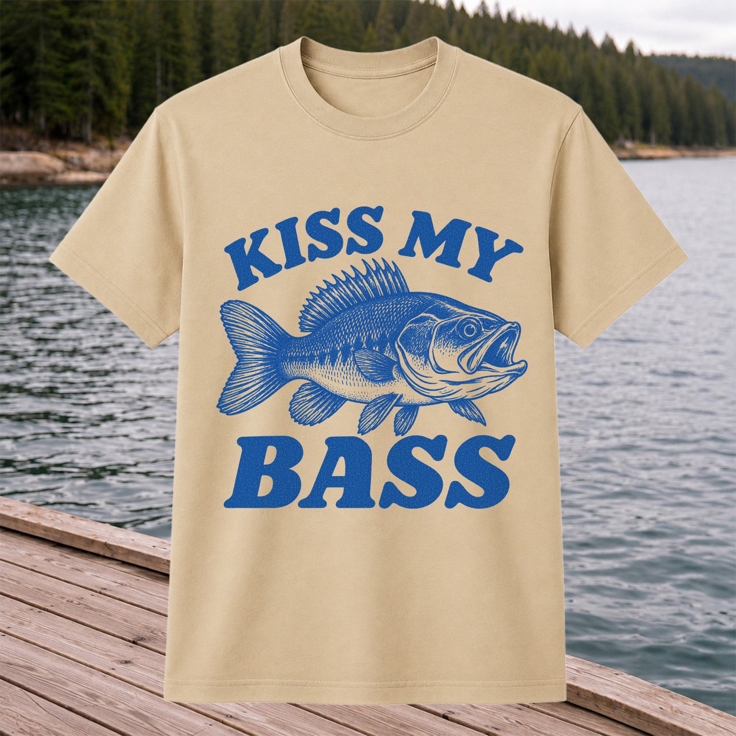 Kiss My Bass Blue Bass Funny Fishing Graphic T-Shirt