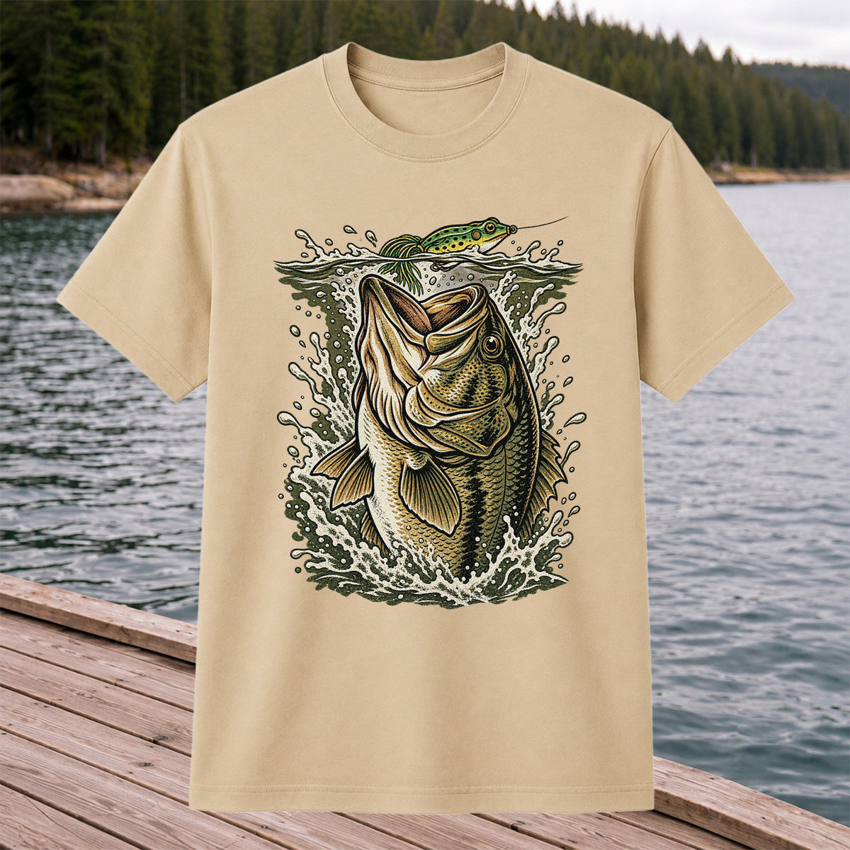 Largemouth Bass Striking a Frog Lure Fishing Graphic T-Shirt
