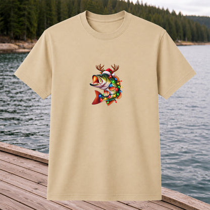 Christmas Bass with Santa Hat, Antlers and Holiday Lights Fishing T-Shirt