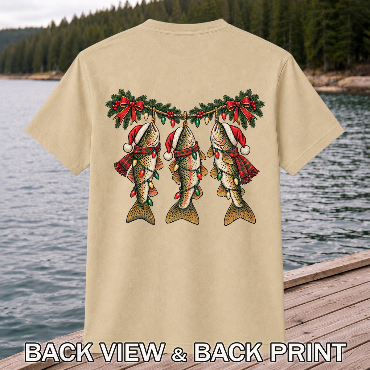 Festive Trout String Lights Christmas Fishing T-Shirt | Back Print