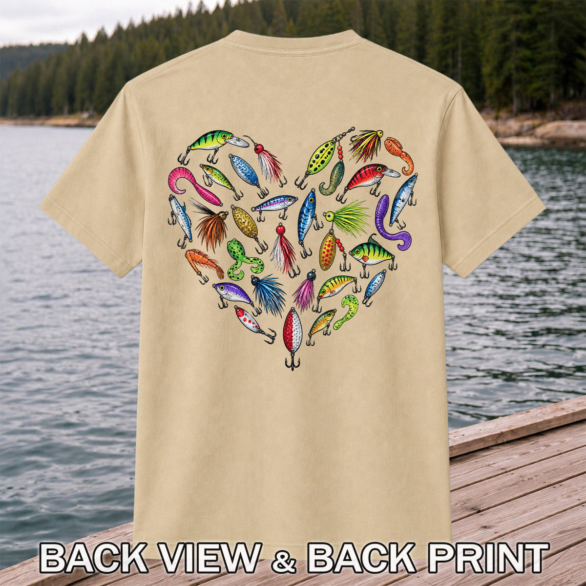 Colorful Fishing Lures in a Heart Shape Graphic T-Shirt | Back Print