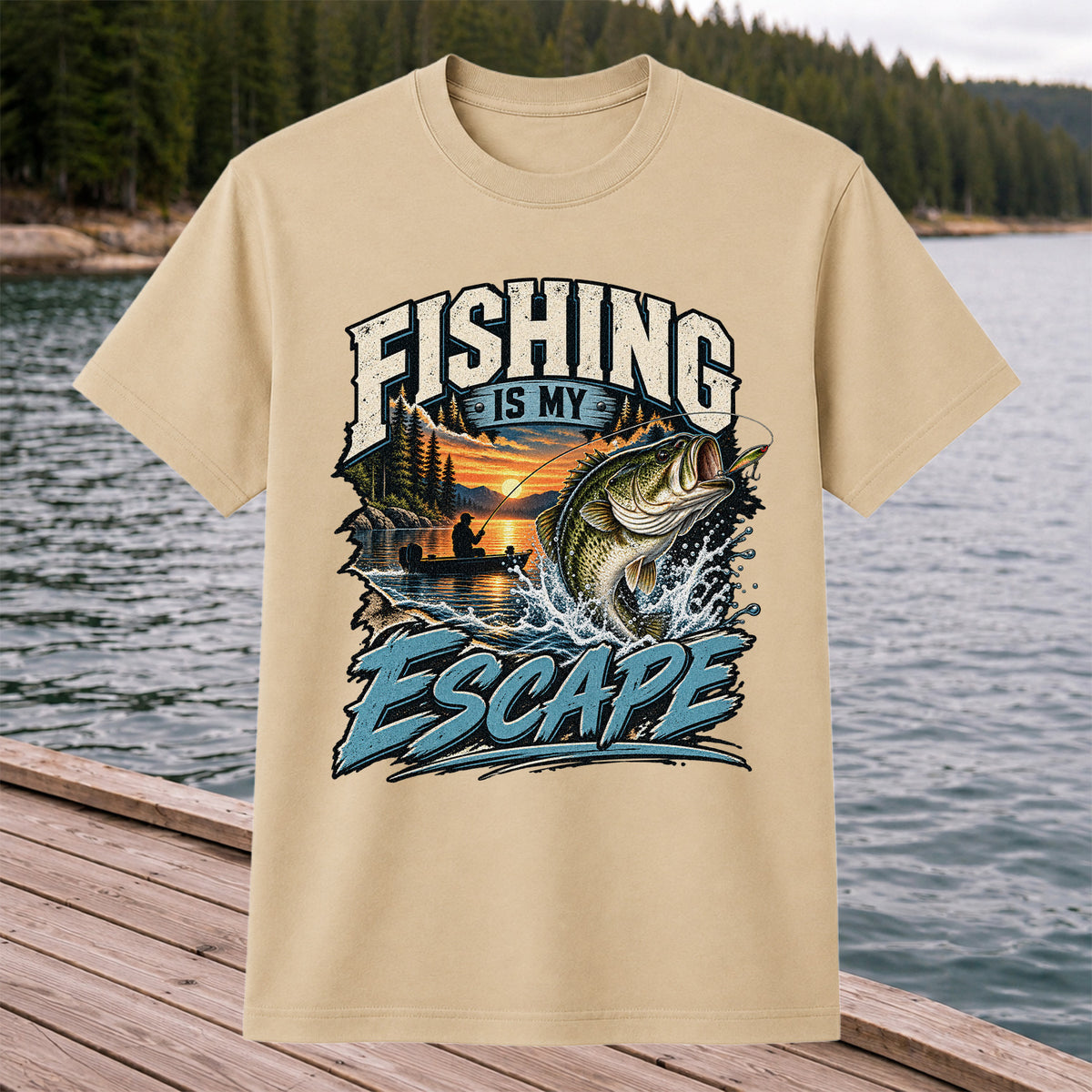 Fishing Is My Escape Jumping Bass and Sunset Lake Graphic T-Shirt
