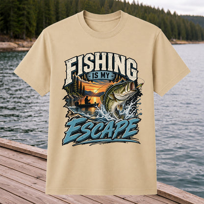 Fishing Is My Escape Jumping Bass and Sunset Lake Graphic T-Shirt