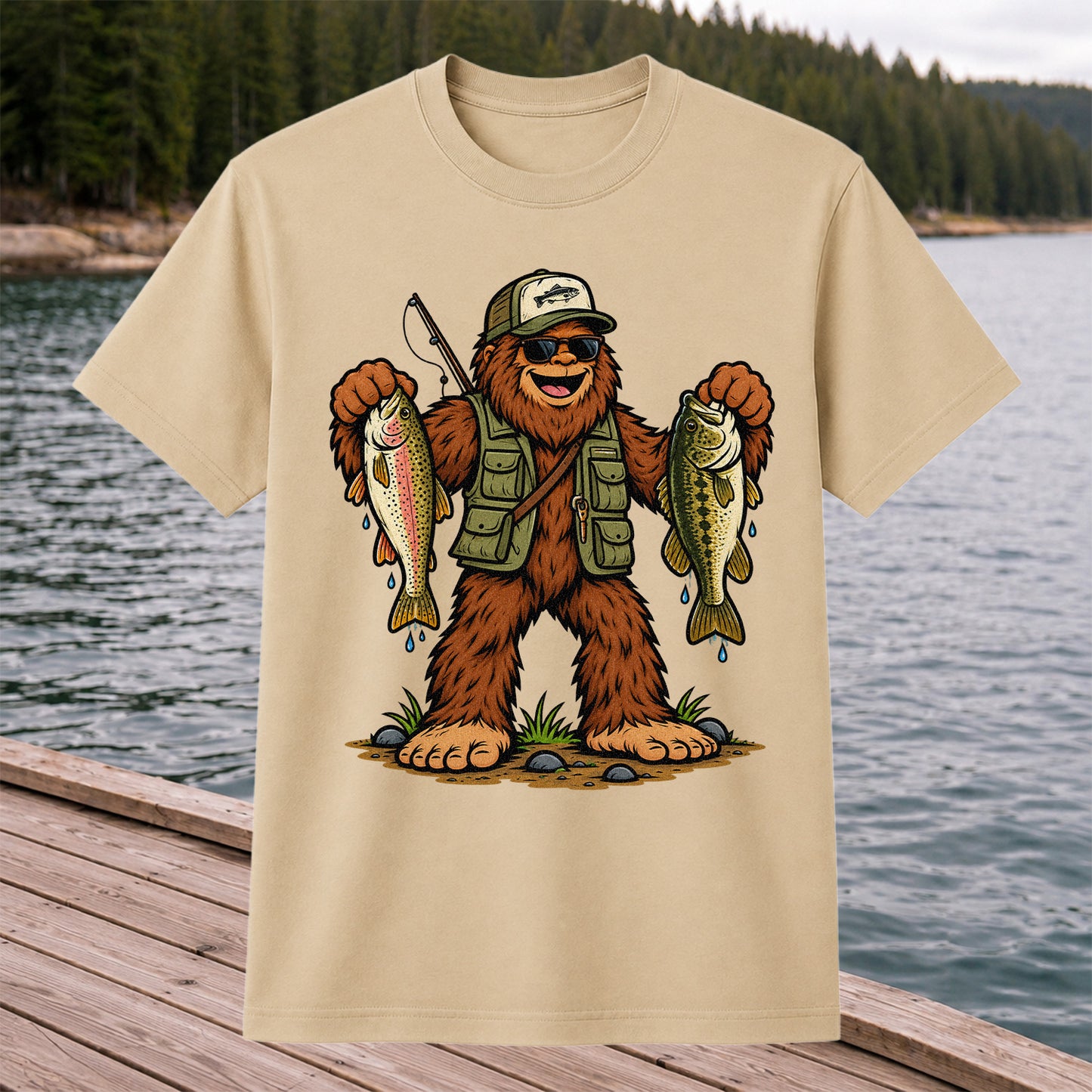 Bigfoot Holding Rainbow Trout and Bass Fishing Graphic T-Shirt