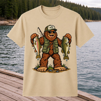 Bigfoot Holding Rainbow Trout and Bass Fishing Graphic T-Shirt