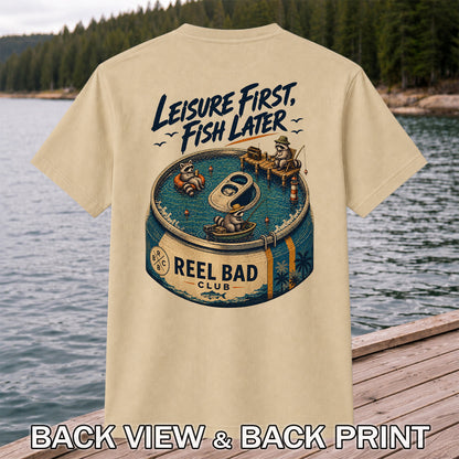 Raccoon Fishing Can Leisure Graphic T-Shirt | Back Print