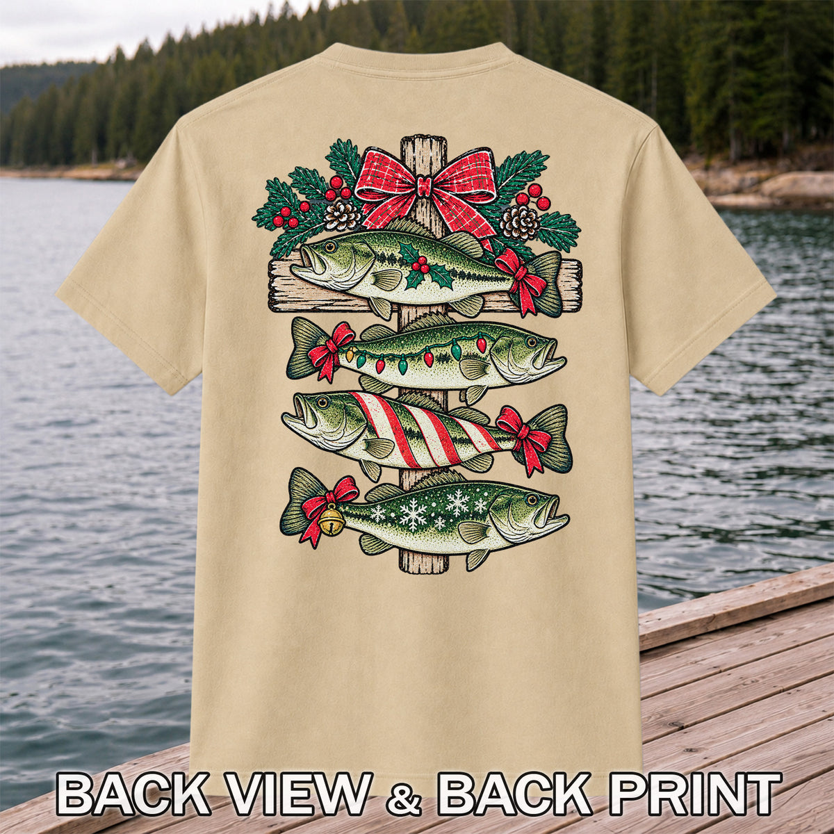 Christmas Bass Fishing Sign Holiday Graphic T-Shirt | Back Print