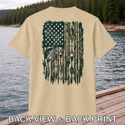 American Flag Bass Fishing Rods and Lures Graphic T-Shirt | Back Print