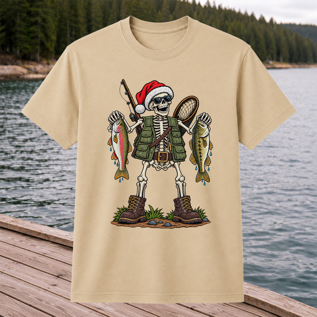 Santa Hat Skeleton Holding Trout and Bass Christmas Fishing T-Shirt