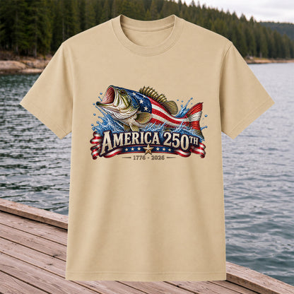 America 250th 1776–2026 American Flag Bass Fishing T-Shirt