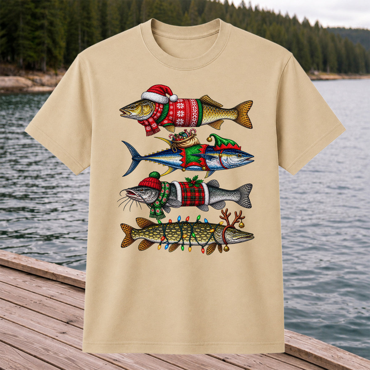 Christmas Fish in Festive Sweaters Fishing Graphic T-Shirt