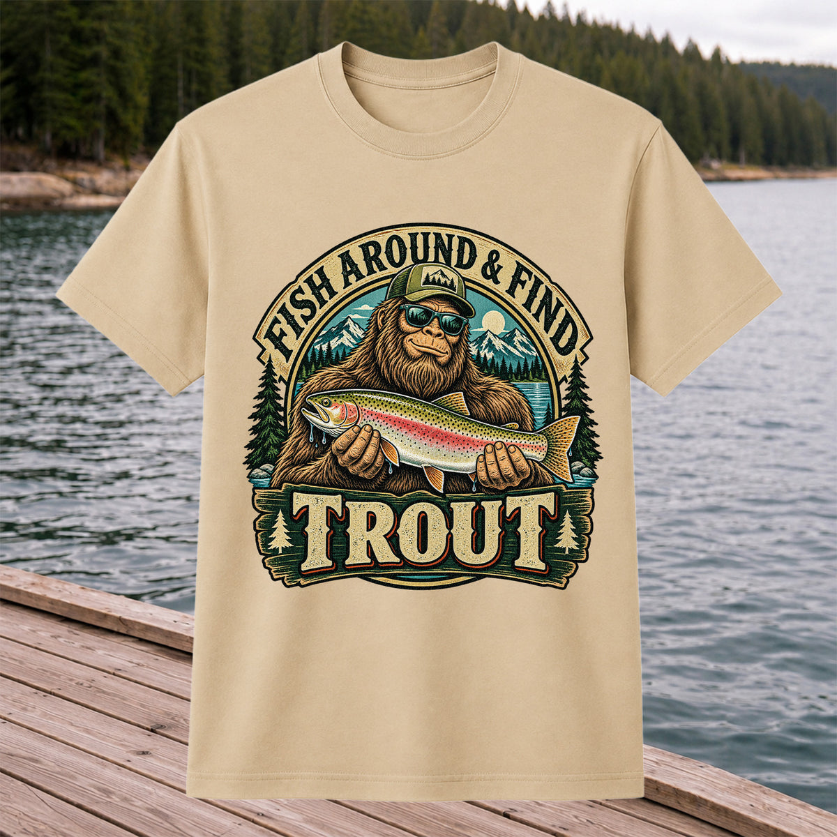 Fish Around & Find Trout Bigfoot Rainbow Trout Fishing T-Shirt