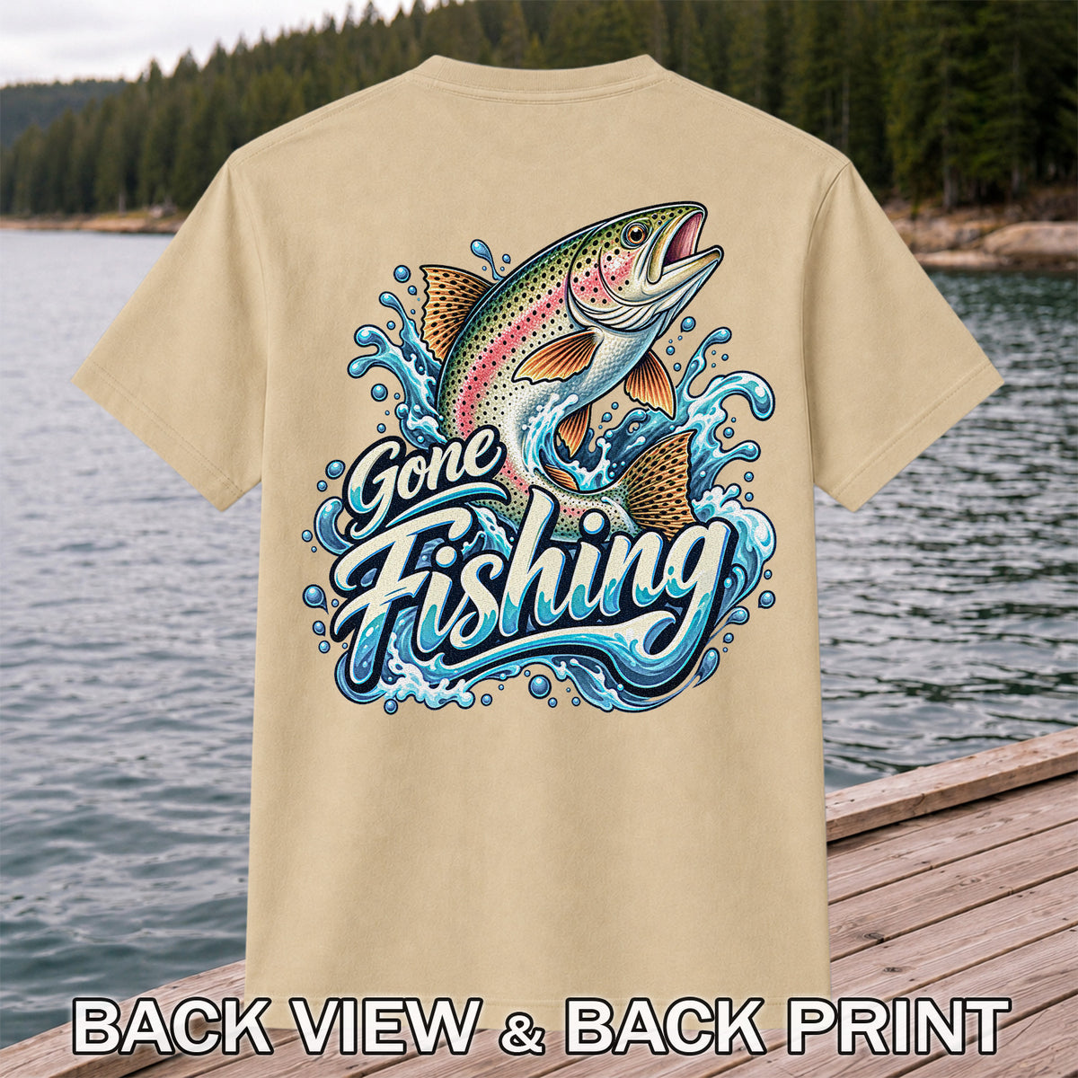 Gone Fishing Jumping Rainbow Trout Splash Graphic T-Shirt | Back Print