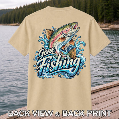 Gone Fishing Jumping Rainbow Trout Splash Graphic T-Shirt | Back Print