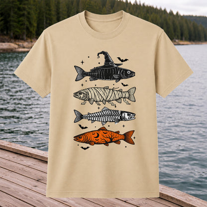Halloween Witch Mummy Skeleton and Pumpkin Fish Graphic T-Shirt