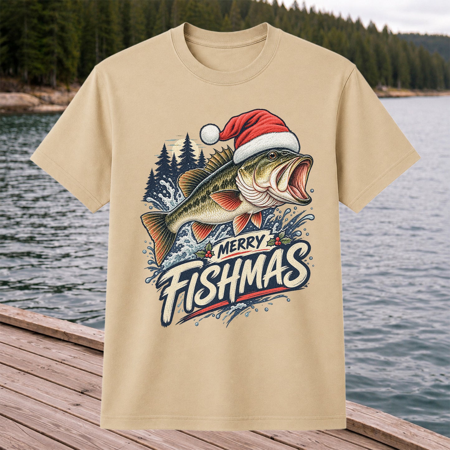 Merry Fishmas Santa Hat Largemouth Bass Fishing T-Shirt