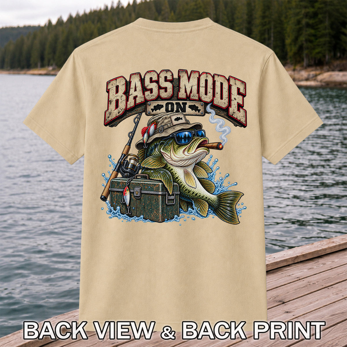 Bass Mode On Funny Bass with Cigar Fishing Graphic T-Shirt | Back Print