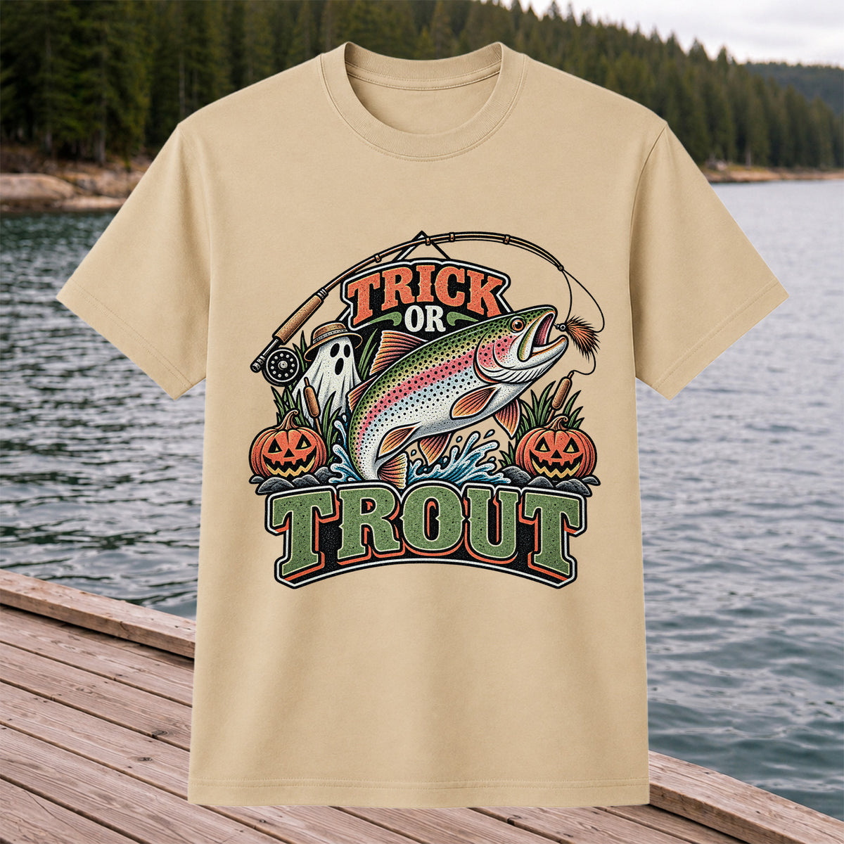 Trick or Trout Rainbow Trout Ghost and Pumpkins Halloween Fishing T-Shirt